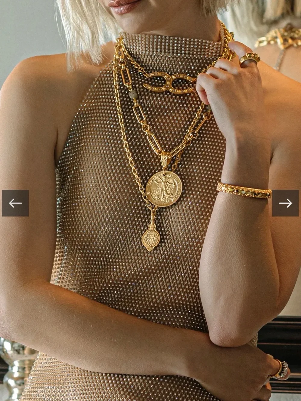 French Kande Privee Gold-Link Necklace with Crystal Accents - Picture 2 of 10